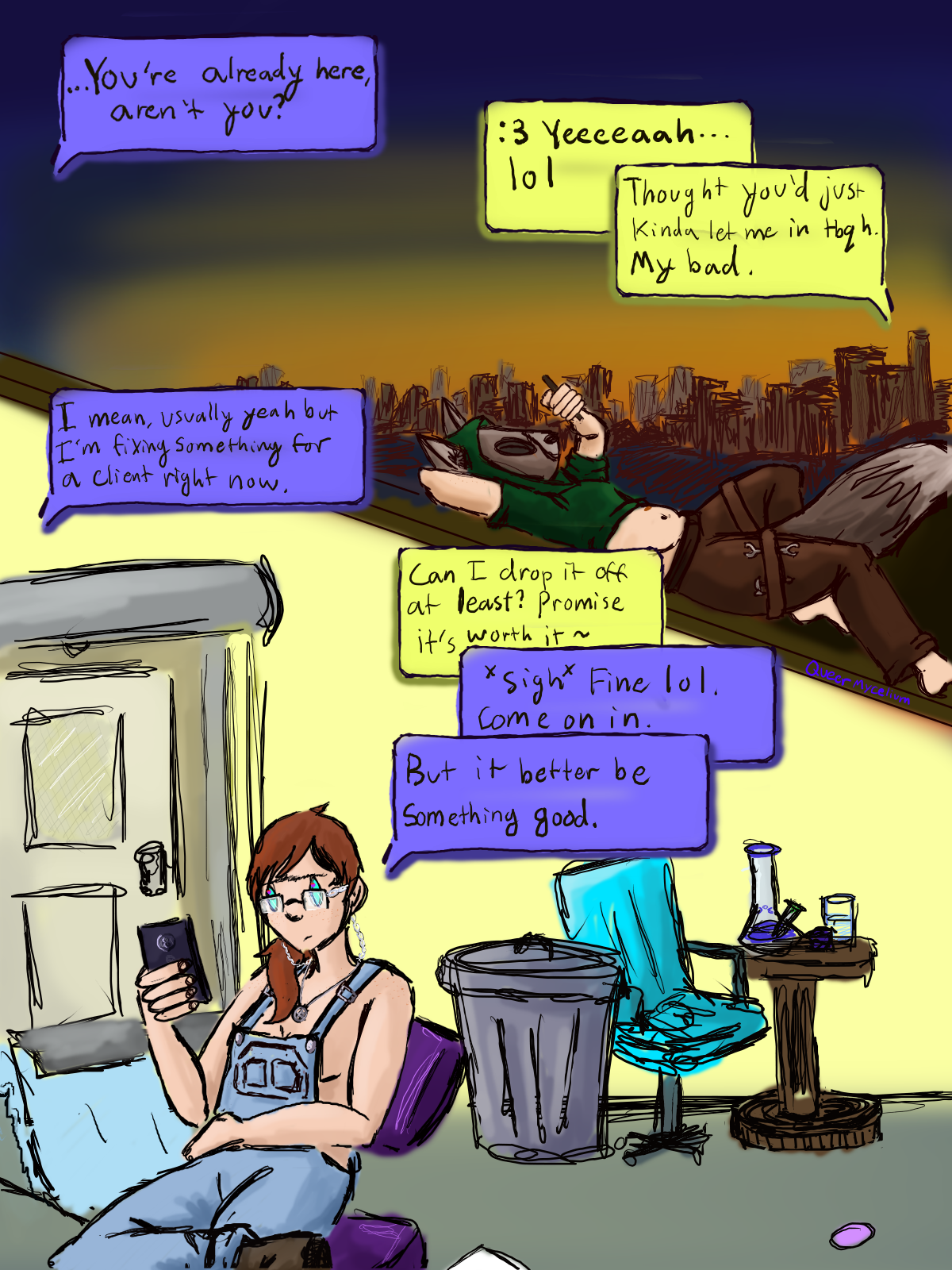 The Scrapper reclines on the roof of the building Ella is inside, text messages between them are shown.